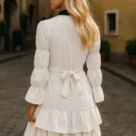 Women’s Lolita Contrast Yoke Dress White with Black Yoke with Deep Hood for Reenactment