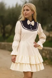 Women’s Lolita Contrast Yoke Dress Natural with Black Yoke