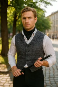 Men’s Commander Steampunk Waistcoat Grey & Black – Design #1343