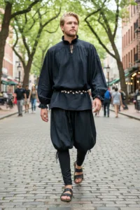 Men's Gothic Pants - Black Rayon Viscose Gothic Pirate Harem Pants with Corded Legs | Captain Cottuy