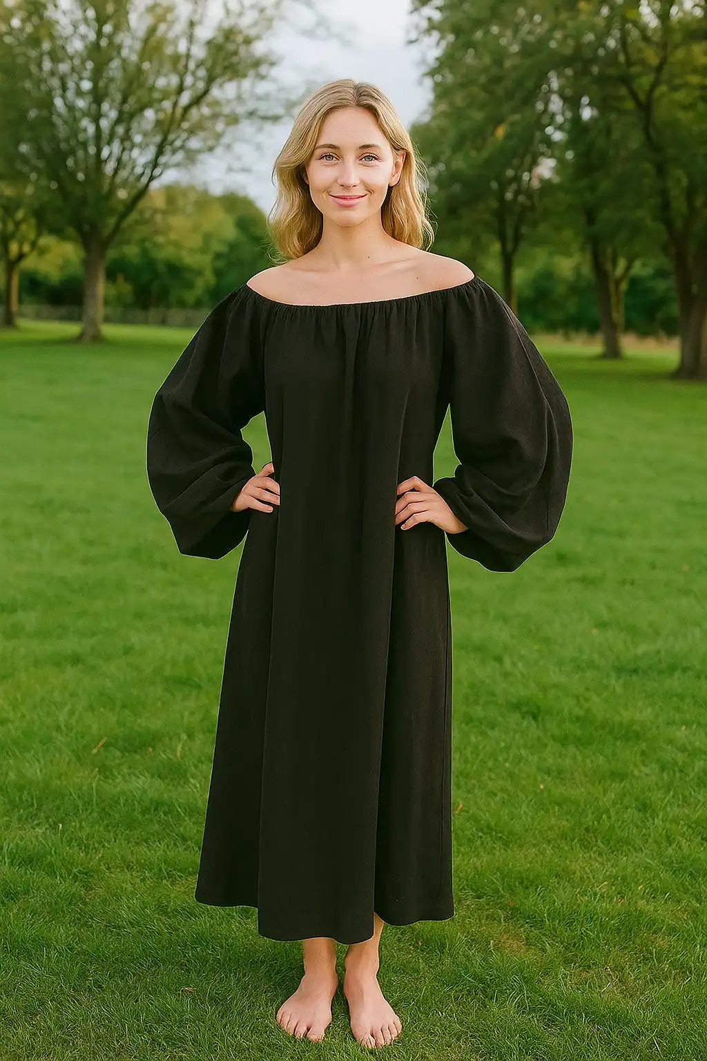 Women’s Renaissance Chemise – 100% Cotton Long Medieval Peasant Dress – Black