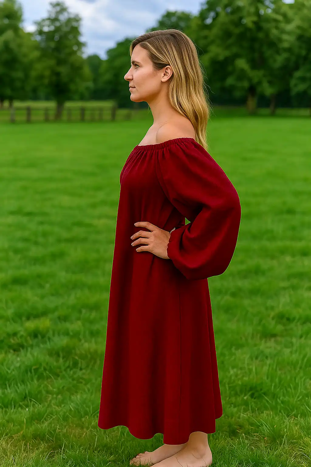 Women’s Renaissance Chemise – 100% Cotton Long Medieval Peasant Dress – Red