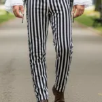 Pirate Pants Black White – Striped Cotton Renaissance Medieval Trousers for Men with Deep Hood for Reenactment