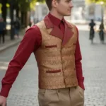 Men’s Curtis Steampunk Coat / Waistcoat Gold Brocade – Design #1287 with Deep Hood for Reenactment