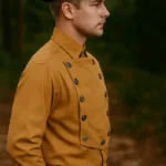 Men’s Steampunk Linen Airship Bib Shirt – Dull Gold with Deep Hood for Reenactment