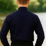 Men’s Steampunk Linen Airship Bib Shirt – Navy with Deep Hood for Reenactment