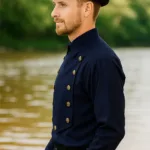 Men’s Steampunk Linen Airship Bib Shirt – Navy with Deep Hood for Reenactment
