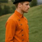 Men’s Steampunk Linen Airship Bib Shirt – Orange with Deep Hood for Reenactment