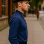 Men’s Steampunk Ulysses Side-Button Shirt – Navy with Deep Hood for Reenactment