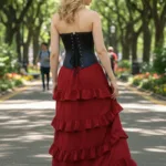 Red Raw Edge Steampunk Skirt with Deep Hood for Reenactment