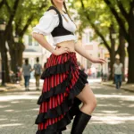Minerva Red Black Showgirl Skirt with Deep Hood for Reenactment