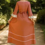 Women’s Victorian Prairie Dress 320 – Coral Island Red with Deep Hood for Reenactment