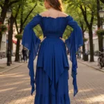 Women’s Medieval Crepe Dress – Blue with Deep Hood for Reenactment