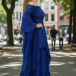 Women’s Medieval Crepe Dress – Blue with Deep Hood for Reenactment