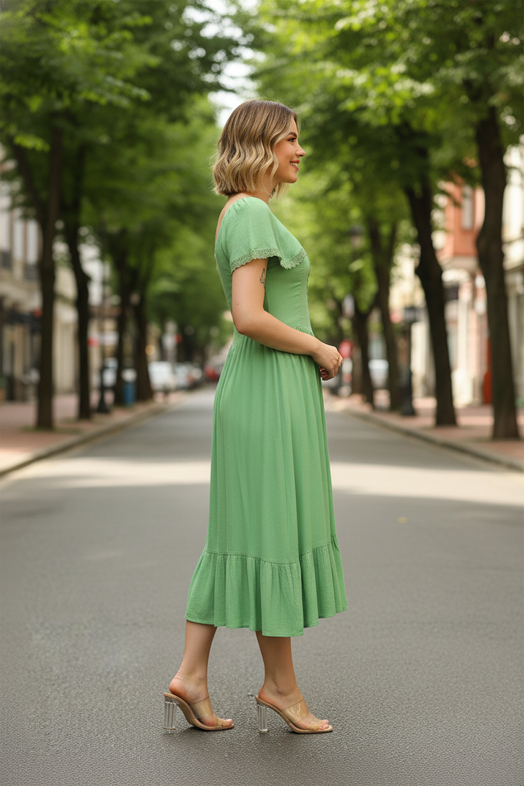 slim fit dress slacks Green Evening Dress, Wedding Guest Dress, Puff Sleeve Dress, Fairy Dre –  formalgowns main image 1