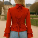 Women’s Victorian Lace Ruffled Blouse Red with Deep Hood for Reenactment