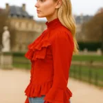 Women’s Victorian Lace Ruffled Blouse Red with Deep Hood for Reenactment