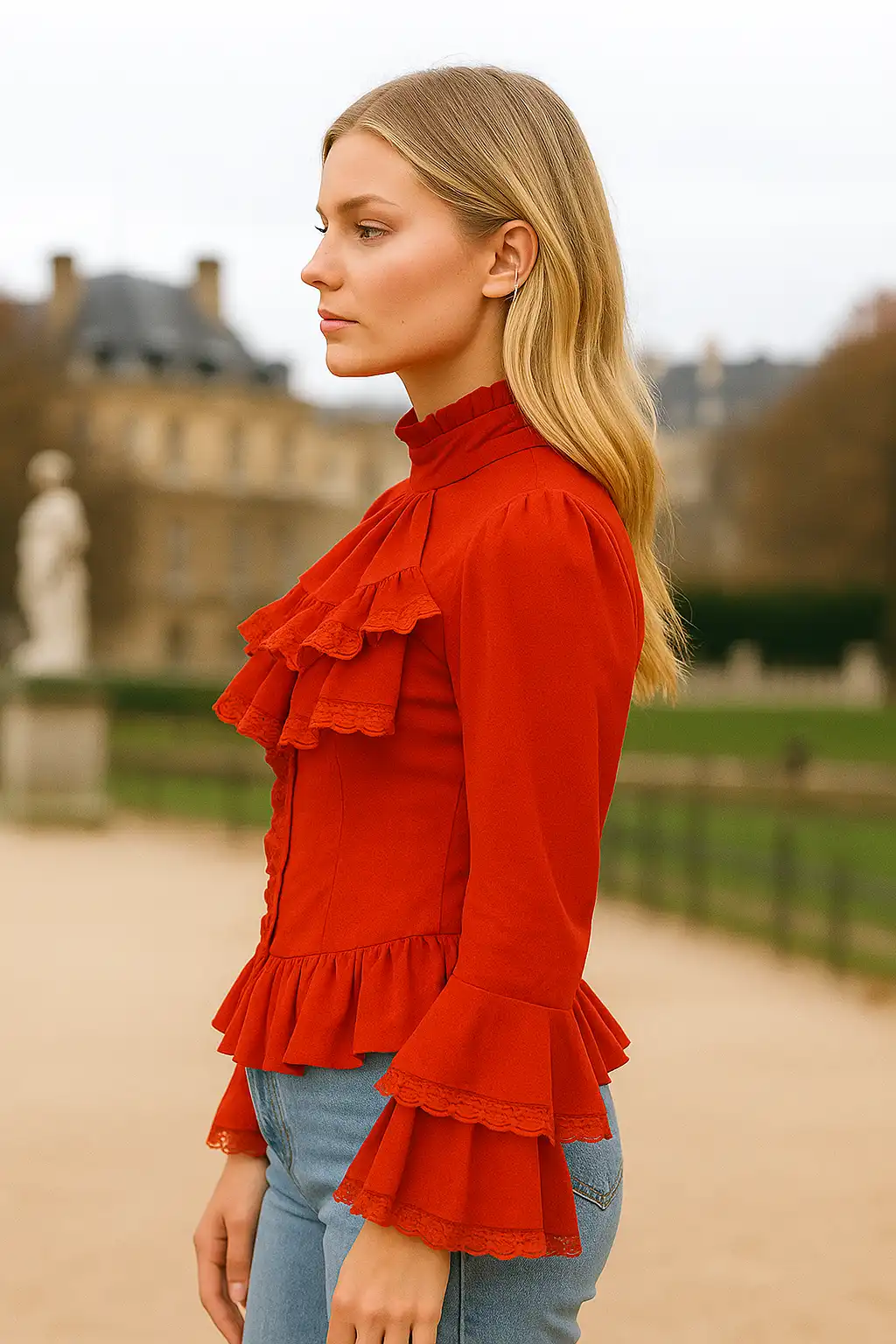 Women’s Victorian Lace Ruffled Blouse Red