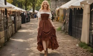 Medieval skirt for women styled at a Renaissance fair with corset and boots
