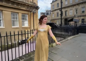 Daphne Bridgerton net dress in Regency empire waist style worn by influencer