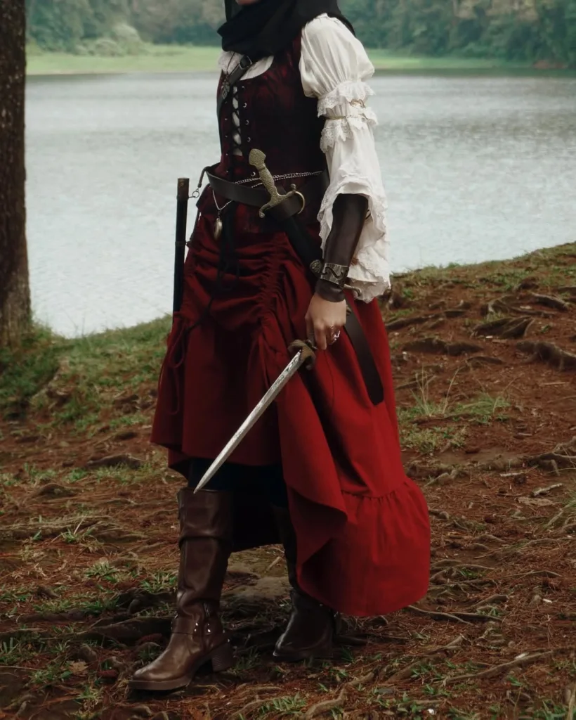 red steampunk skirt outfit with renaissance bodice