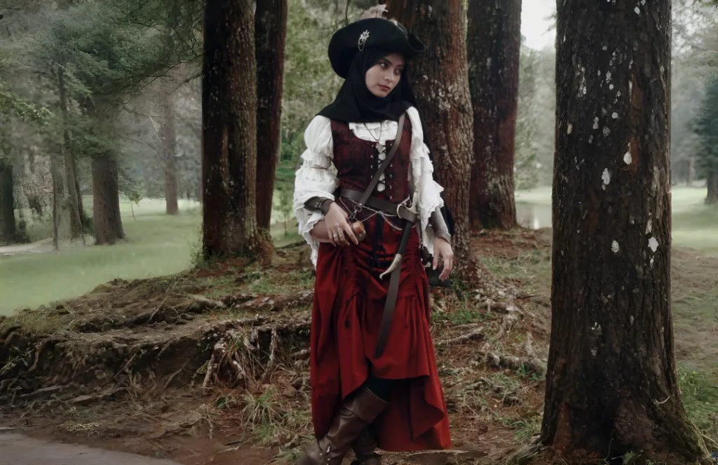 red steampunk skirt outfit with renaissance bodice